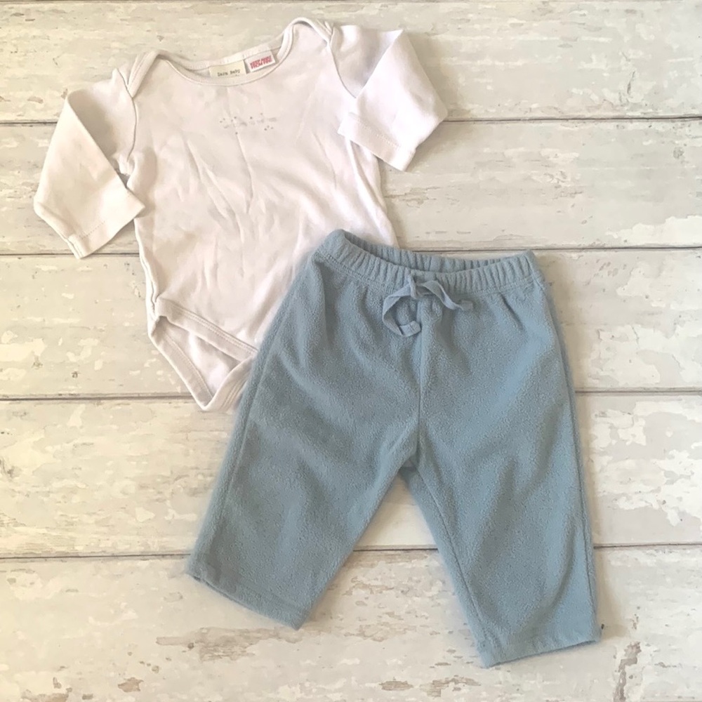 Zara Baby 3-6m Outfit Set Fleece Blue Pants White Long Sleeve Bodysuit 3m 6m